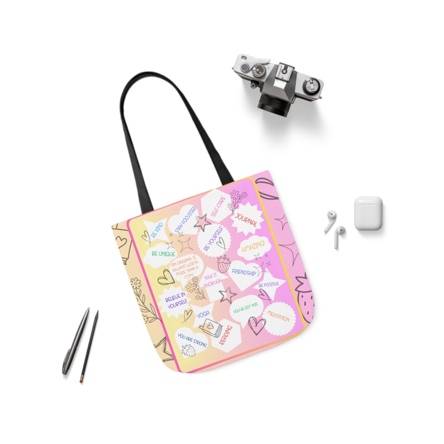Positive Thoughts All Over Print Canvas Tote Bag, 5-Color Straps