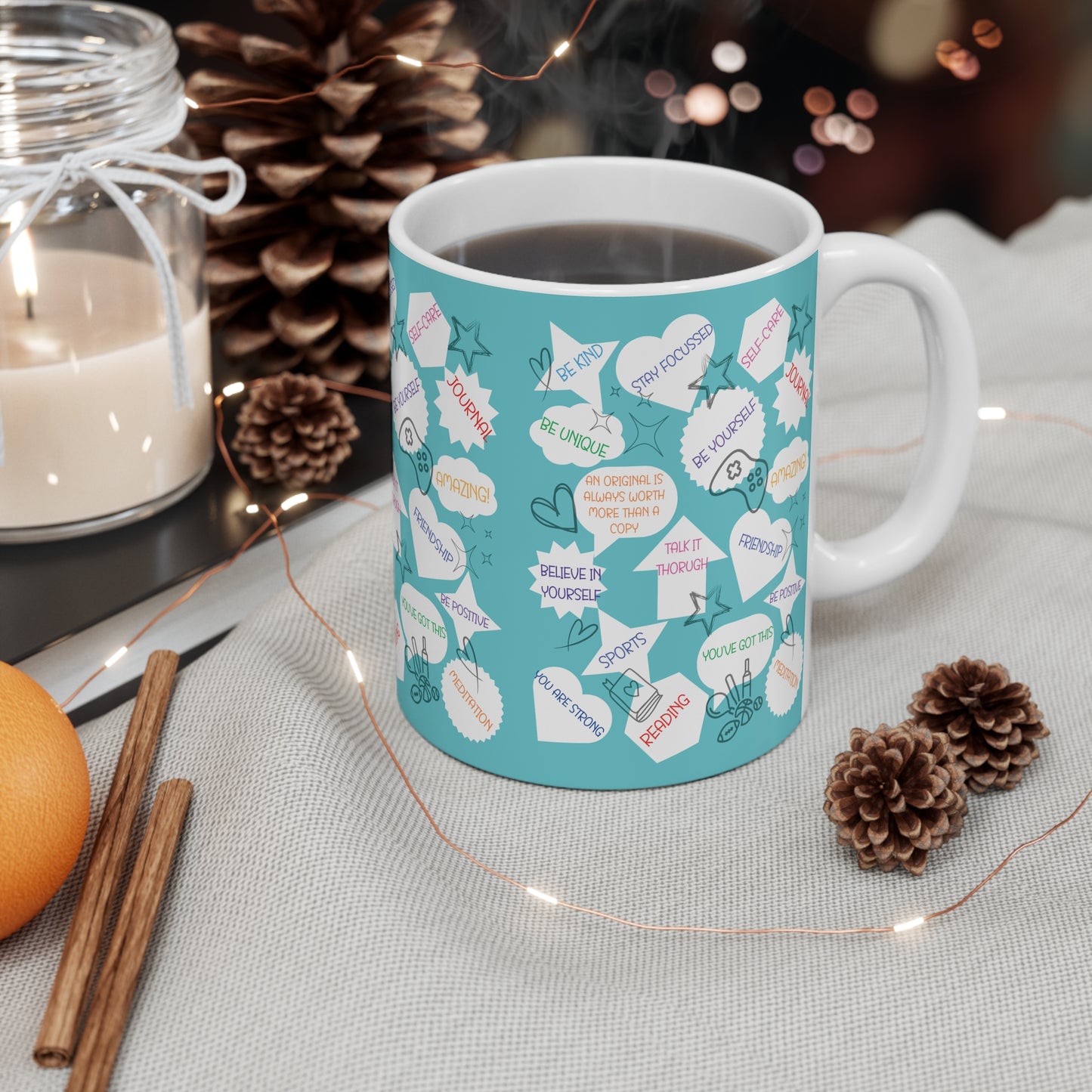 Positive Thoughts Blue 11oz All White Mug