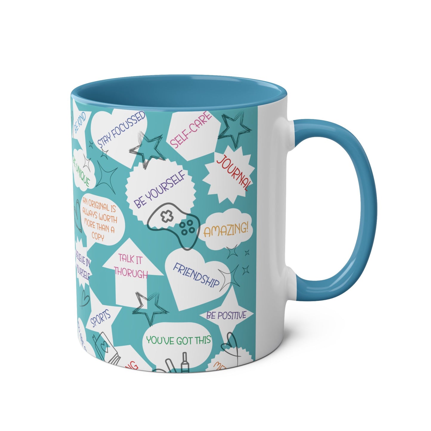 Positive Thoughts Blue Two-Tone Coffee Mugs, 11oz