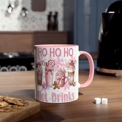 Ho Ho Ho Hot Drinks Pink Accent Two-Tone Coffee Mug, 11oz