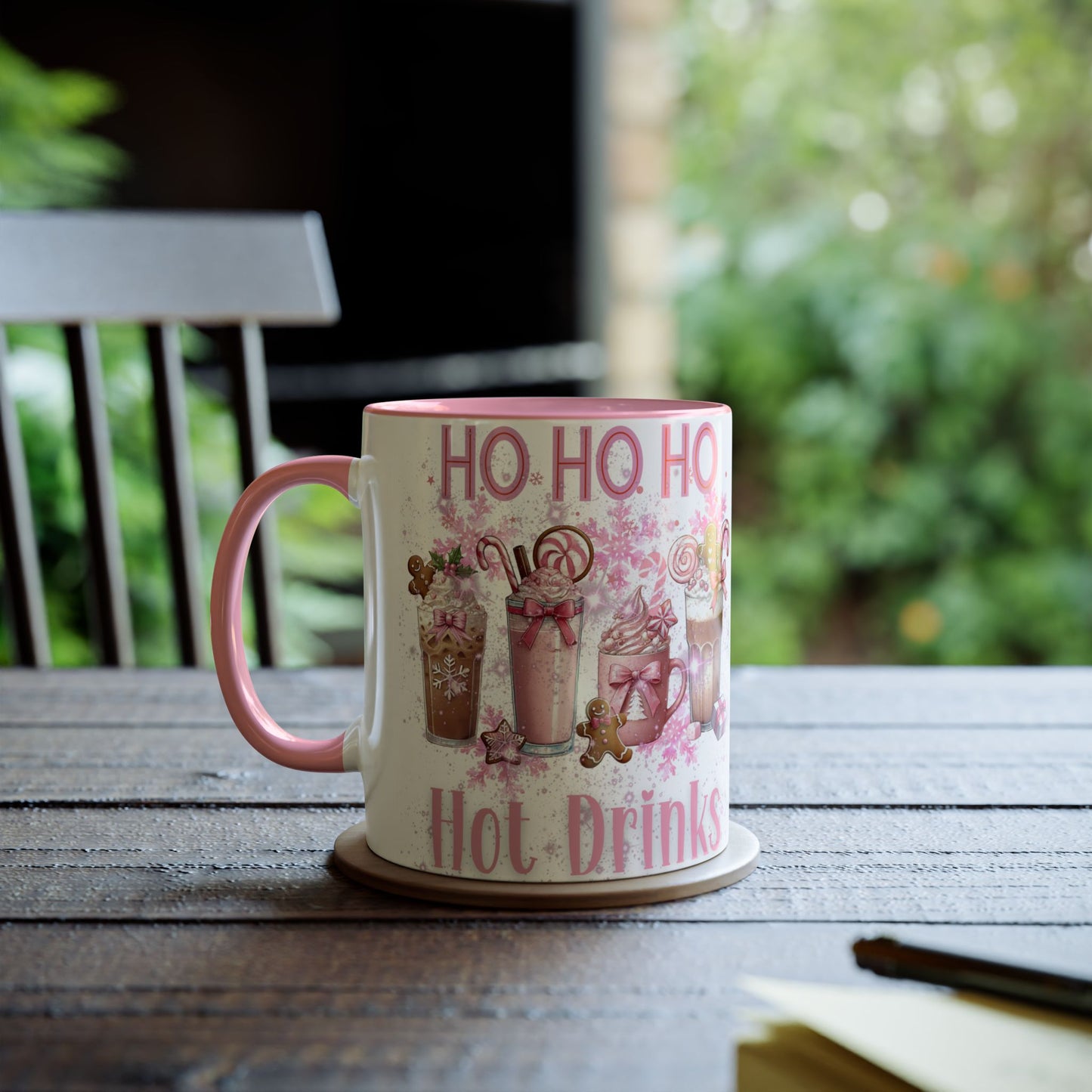 Ho Ho Ho Hot Drinks Pink Accent Two-Tone Coffee Mug, 11oz