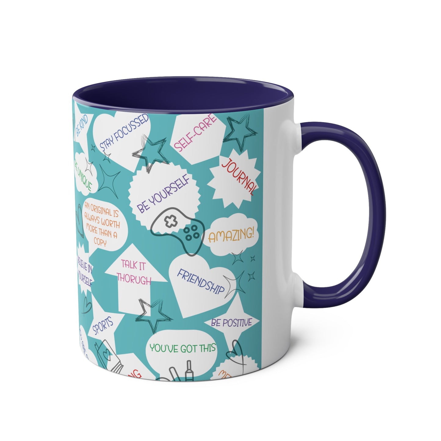 Positive Thoughts Blue Two-Tone Coffee Mugs, 11oz